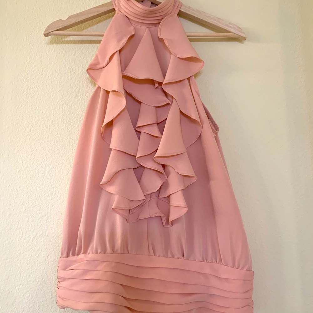 Pink ruffle blouse. Neck buttons. Size Small. Adorable alone or with a blazer!
